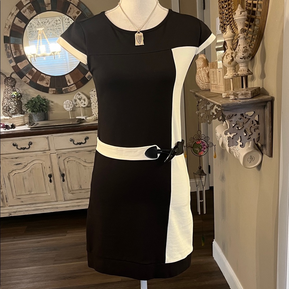 Piazza Italia Classic Black & White Belted Sheath Dress